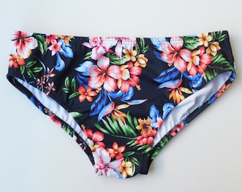 Mens Swim Brief Swimsuit in Regular or Low Rise in Hibiscus Print