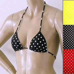 Triangle Bikini Top in Black, Yellow and Red Polka Dots in Sizes to DD