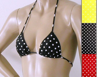 Triangle Bikini Top in Black, Yellow and Red Polka Dots in Sizes to DD