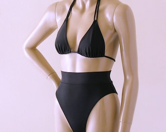80s 90s High Leg High Waist Brazilian Bikini Bottom and Double String Triangle Top in Black