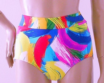 High Waisted Bikini Swimsuit Bottom in Brushstroke Print in S-M-L-XL