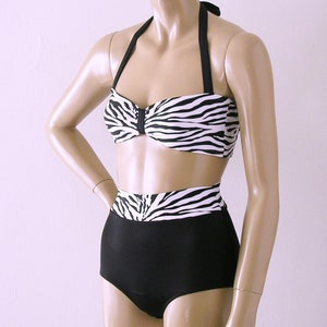 High Waisted Bikini Bottom and Retro Bandeau Top in Black and White Zebra in S.M.L.XL