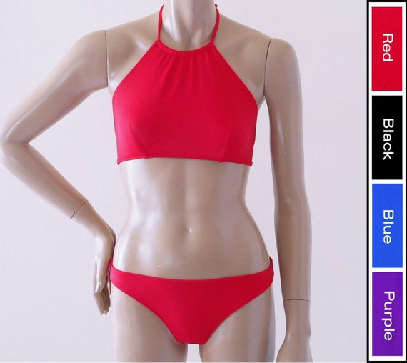 Buy High Neck Halter Bikini Top and Full Coverage Bikini Bottom in Black,  Red, Purple, or Royal Blue in S-M-L-XL Online in India 
