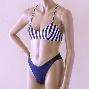 High Leg Bikini Bottom and Crossback Ballet Top in Navy Blue and White Stripe