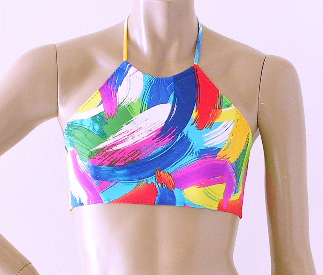 High Neck Halter Bikini Top in Brushstroke Print in S-M-L-XL