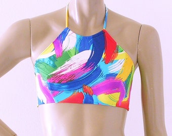 High Neck Halter Bikini Top in Brushstroke Print in S-M-L-XL