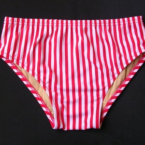 Mens Swim Brief Swimsuit in Red and White Candy Stripe