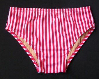 Maillot de bain slip homme en bande de bonbons rouge et blanche