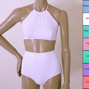 High Waisted Bikini Bottom and High Neck Halter Bikini Top in Mint, Coral, Pink, Blue, Turquoise, White, Lavender Made To Order