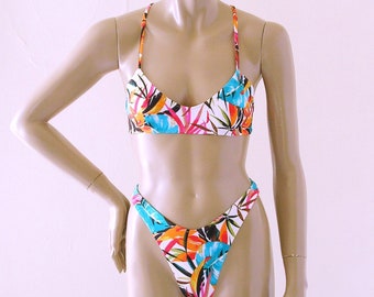 80s 90s High Leg Brazilian Bikini Bottom and Crossback Ballet Top in Fiji Floral Print