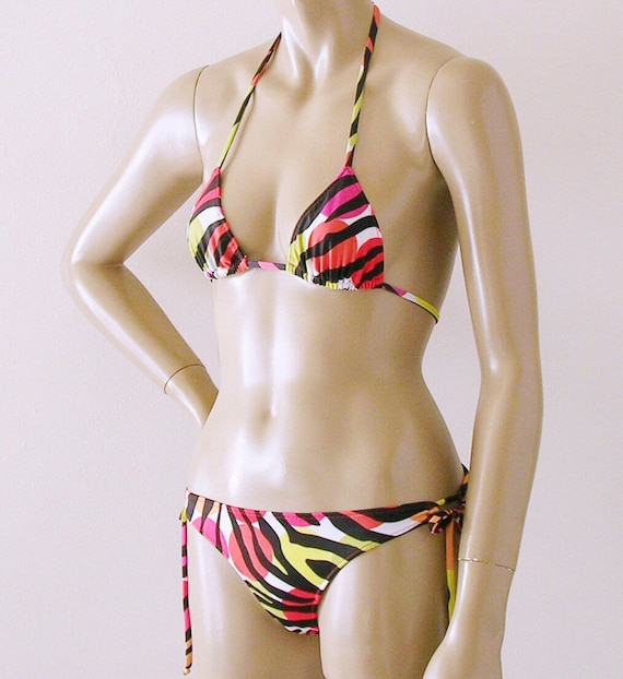Triangle Bikini Top and Brazilian Tie Bottom Bikini in Miro Zebra