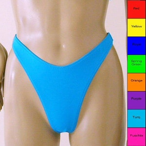 80s 90s High Leg Thong Bikini Bottom in Red, Yellow. Green, Blue, Orange, Purple, Turquoise, Fuschia
