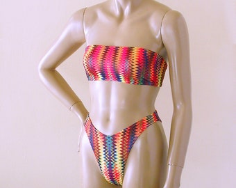 80s 90s High Leg Brazilian Bikini Bottom and Strapless Bandeau Top in Sizzle Print