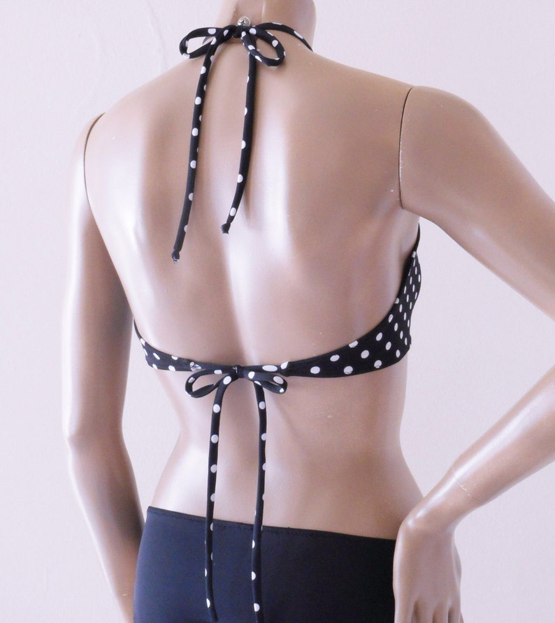 High Neck Halter Bikini Top and Full Coverage Bikini Bottom Swimsuit in Black and White Polka Dot in S.M.L.XL