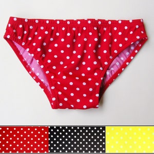 Mens Low Rise Swim Brief Swimsuit in Red Polka Dot, Black Polka Dot, Yellow Polka Dot