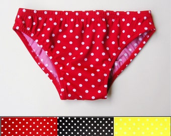 Mens Low Rise Swim Brief Swimsuit in Red Polka Dot, Black Polka Dot, Yellow Polka Dot