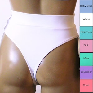 80s 90s Banded Thong Bikini Bottom with High Leg in White, Pink, Lavender, Turquoise, Mint, Baby Blue, Coral