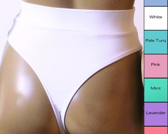 80s 90s Banded Thong Bikini Bottom with High Leg in White, Pink, Lavender, Turquoise, Mint, Baby Blue, Coral