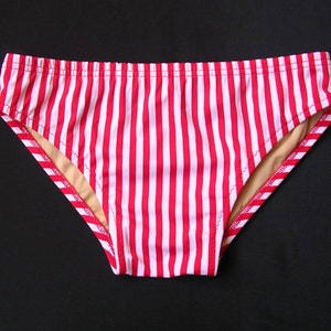 Mens Low Rise Swim Brief Swimsuit in Red and White Candy Stripe