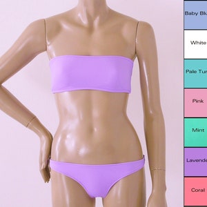 Scrunch zurück brasilianischen Bikini Bottom und strapless Bandeau Bikini Top in weiß, rosa, Mint grün, Türkis, blau, Lavendel, Koralle