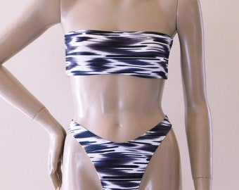 High Leg Brazilian Bikini Bottom and Strapless Bandeau Top in Black and White Wavelength Print