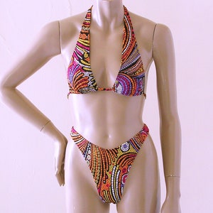 80s 90s Thong Bikini Bottom and Sliding Halter Top in Mosaic Print in S-M-L-XL