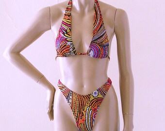 80s 90s Thong Bikini Bottom and Sliding Halter Top in Mosaic Print in S-M-L-XL