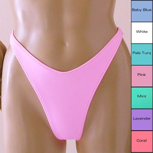 80s 90s Brazilian Bikini Bottom with High Leg in White, Pink, Lavender, Turquoise, Mint, Baby Blue, Coral, Yellow, Green, Orange