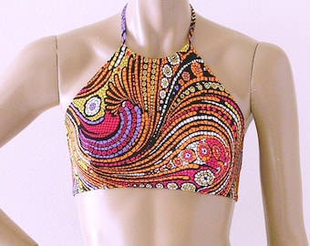 High Neck Halter Bikini Top in Mosaic Print  S-M-L-XL