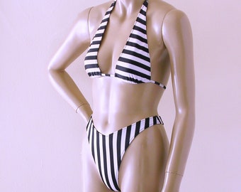 80s 90s Thong Bikini Bottom and Sliding Halter Top in Black and White Stripe in S-M-L-XL