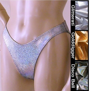 80s 90s High Leg Moderate Coverage Bikini Bottom in Silver, Gold, and Disco Ball Glitter Hologram