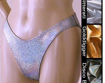 80s 90s High Leg Moderate Coverage Bikini Bottom in Silver, Gold, and Disco Ball Glitter Hologram