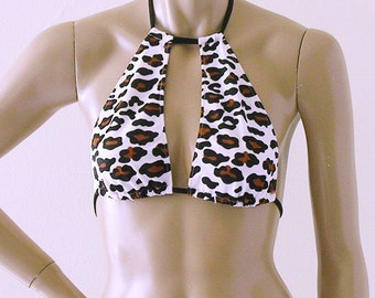 High Neck Halter Bikini Top in White Leopard Print