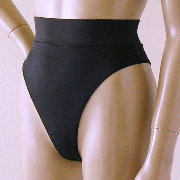 80s 90s High Leg High Waist Thong Bikini Bottom with Banded Waist in Black