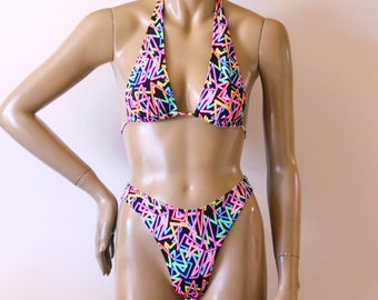 80s 90s Brazilian Bikini Bottom and Sliding Halter Top in Neon Rave Print