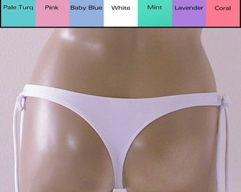 Brazilian Thong Bikini Bottom with Tie Sides in White, Pink, Lavender, Turquoise, Mint, Blue, Coral