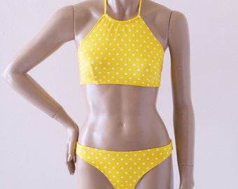 Yellow Polka Dot High Neck Halter Bikini Top and Full Coverage Bikini Bottom Swimsuit