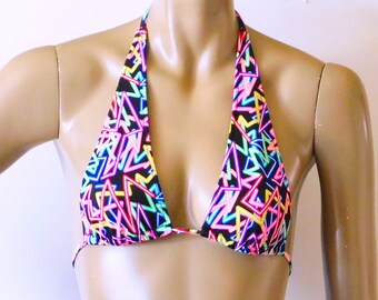 Sliding Halter Bikini Top in Neon Rave Print in Cup Sizes to DD