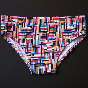Mens Swim Brief Swimsuit in Regular or Low Rise in Mondrian Print
