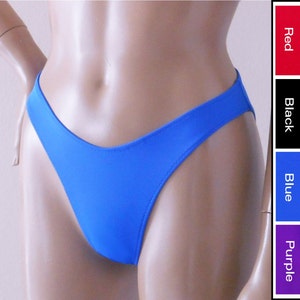 80s 90s High Leg Bikini Bottom with Moderate Coverage in Black, Blue, Red, Purple. Green. Yellow, Orange, Turquoise, White, Burgundy, Brown
