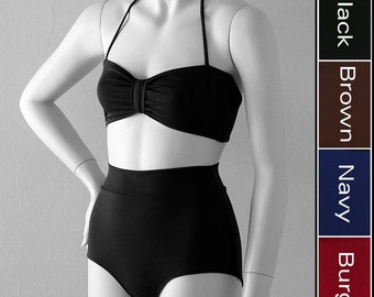 High Waisted Swimsuit Bikini Bottom and Retro Bandeau Top in Black, Brown, Navy Blue, and Burgundy in S-M-L-XL