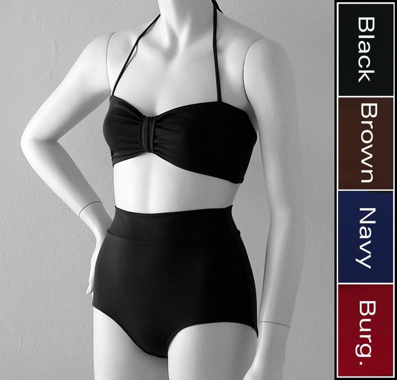 and Burgundy in S-M-L-XL Brown High Waisted Swimsuit Bikini Bottom and Retro Bandeau Top in Black Navy Blue
