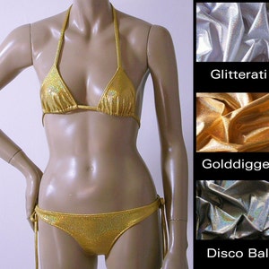 Triangle Top and Brazilian Tie Bikini Bottom in Gold, Silver, and Disco Ball Glitter Hologram