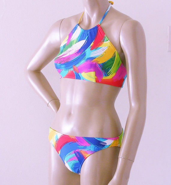 High Neck Halter Bikini Top and Full Coverage Bottom in Brushstroke Print  Made to Order in S.M.L.XL. -  Ireland