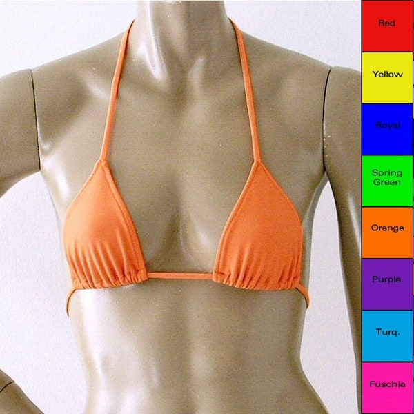 Haut de bikini triangle en rouge, bleu roi, violet, orange, vert, jaune, fuschia et turquoise