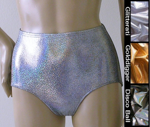 Vintage Inspired Retro High Waisted Bikini Bottom in Gold, Silver, and Disco Ball Glitter Hologram