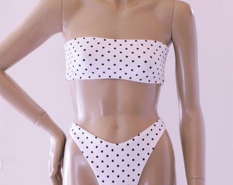 Strapless Bandeau Top with High Leg Bikini Bottom in White and Black Polka Dot Thong or Full Coverage
