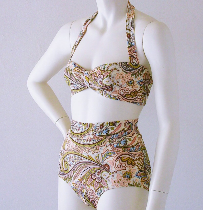 high waisted bikini bottoms and bandeau top