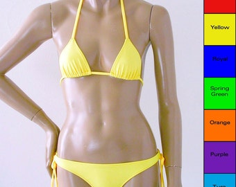 Brazilian Bikini Bottom with Tie Sides and Triangle Top in Red, Yellow, Blue, Green, Fuschia, Orange, Purple, Turquoise