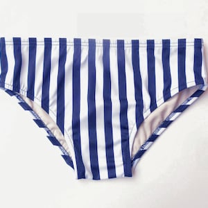 Men's Swim Brief Swimwear in Navy and White Vertical Stripe in Regular or Low-Rise